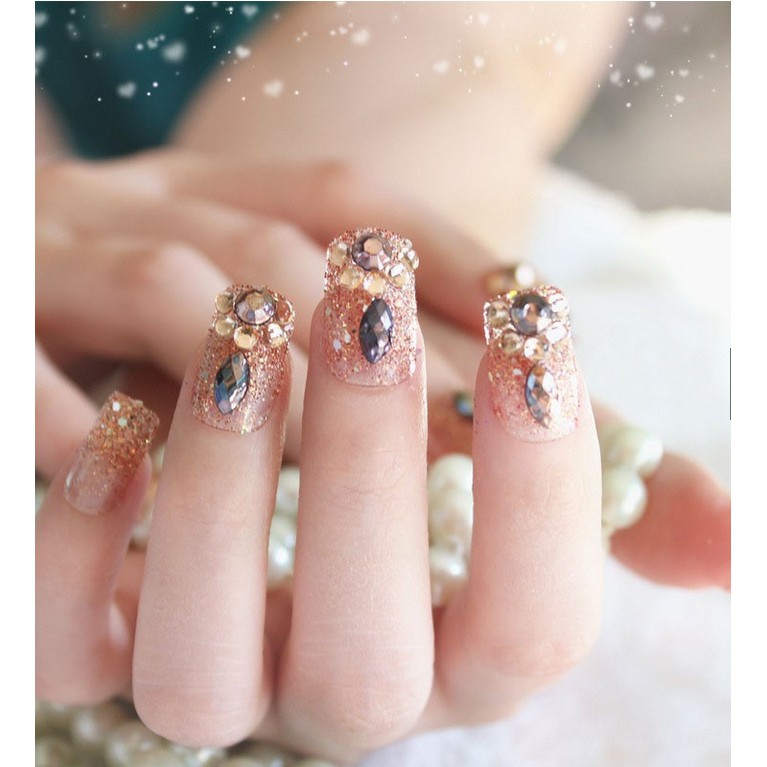 NAIL ART WEDDING - 24Pcs Kuku Palsu Kristal Berlian Imitasi Warna GOLD