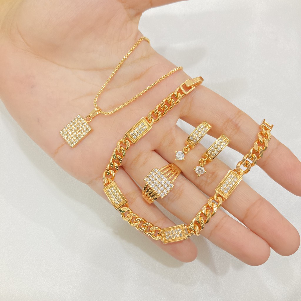 Set Perhiasan Dewasa Full Permata Zircon Lapis Emas Aksesoris Fashion Kalung Gelang Anting Cincin