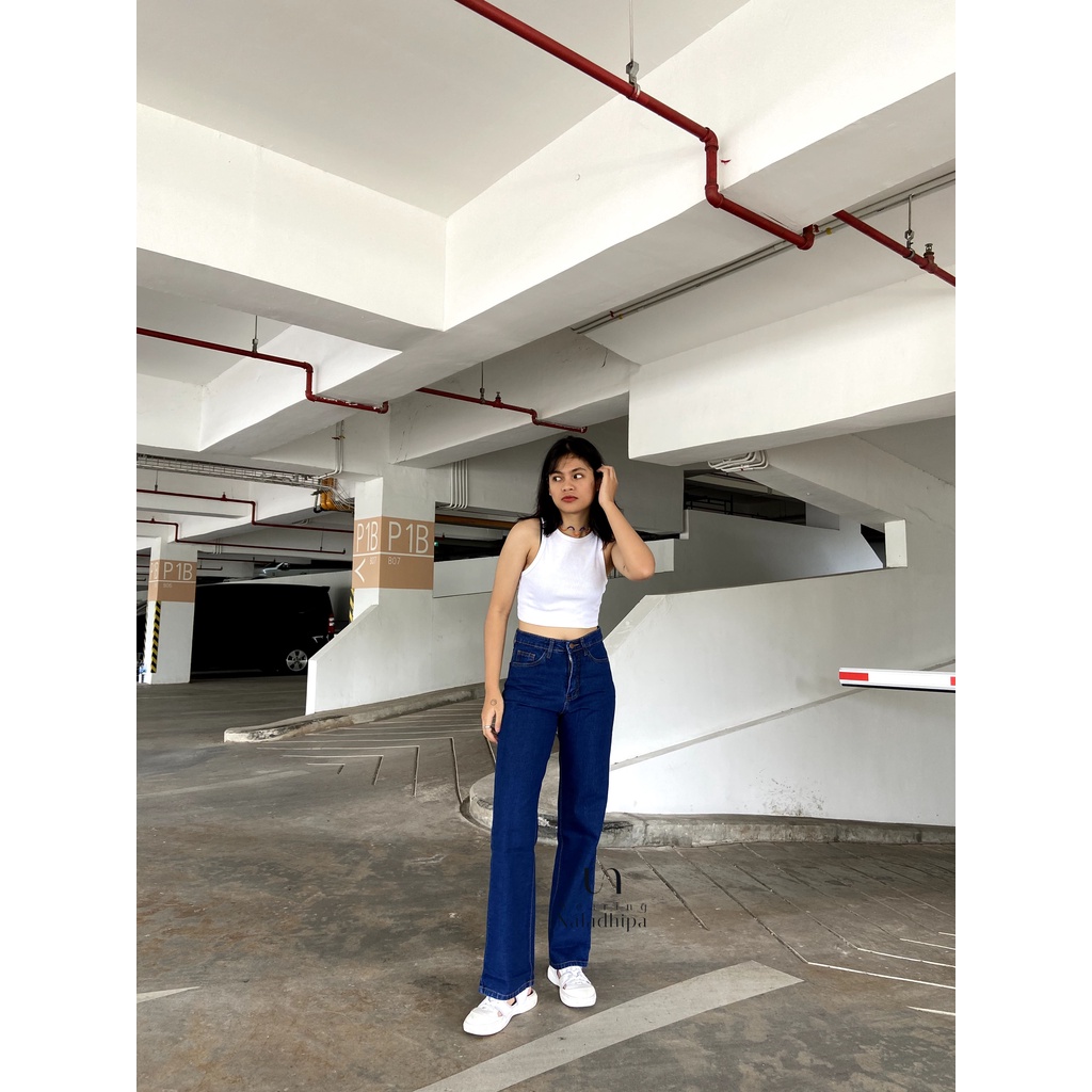 Nara Pants Biru Tua - Celana Kulot Jeans Highwaist Wanita Loose