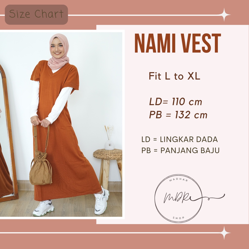 Nami Vest Rajut - Dress Rompi Knit  - Baju Long Outer fit to xl Tanpa lengan - outfit Remaja muslim terbaru- Ootd Kekinian