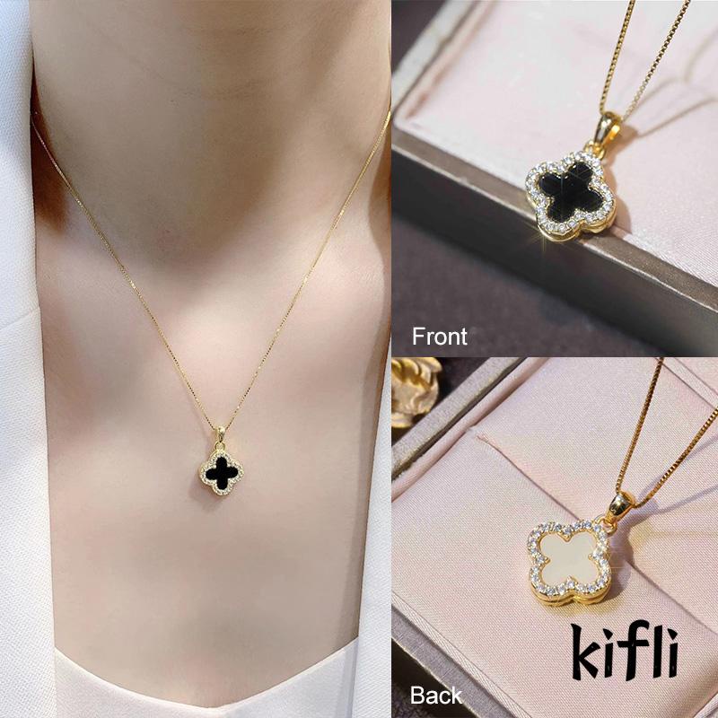 Kalung Rantai Liontin Daun Clover Hias Kristal Zircon Mewah Untuk Wanita (KD)