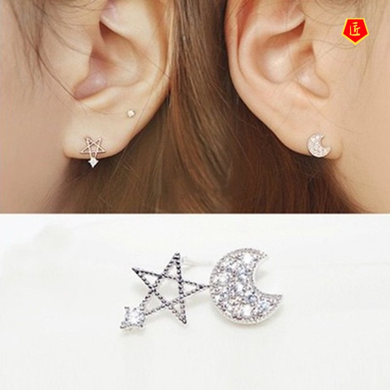 [Ready Stock]Creative Fashion Star Moon Asymmetric Stud Earrings