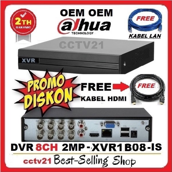 DVR OEM Dahua 8CH 8 Channel 2MP DH-XVR1B08-IS 1080N+HDMI+Kabel LAN  Garansi Resmi Dahua 2 Tahun