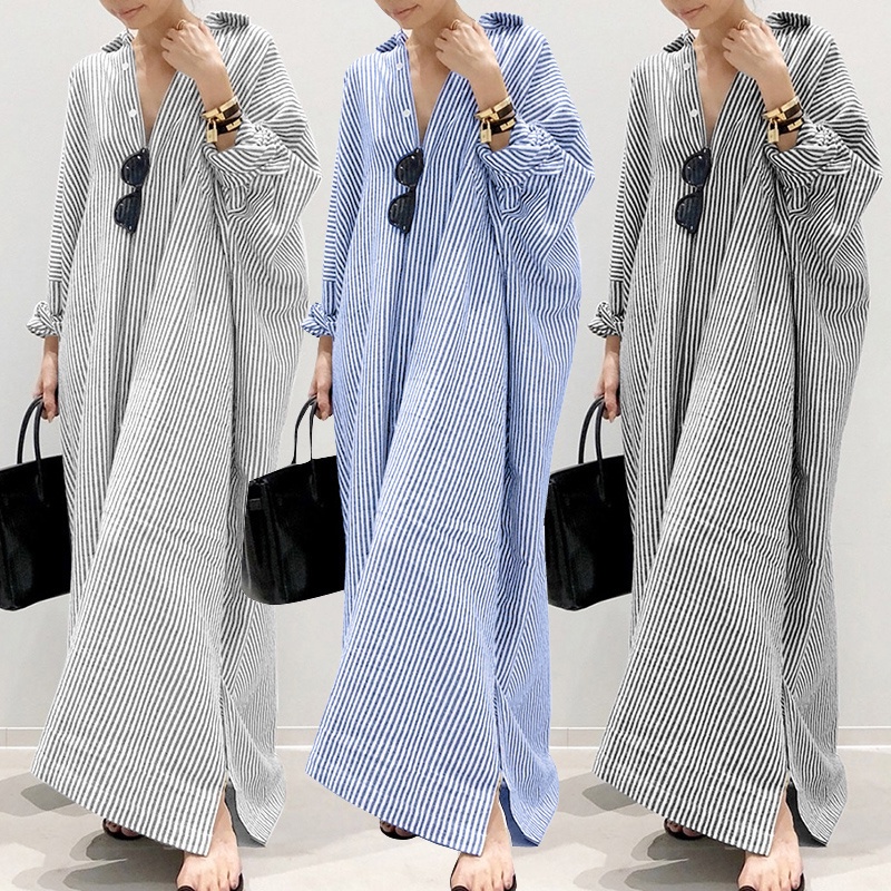 ZANZEA Women Fashion Casual Stripe Printed Button Down Split Hem Maxi Shirt Dress