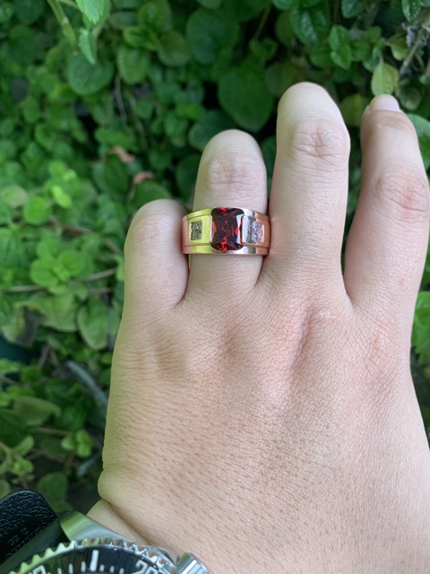 Cincin Casual Luxury Minimalis Batu Red Garnet Rubi Merah 18 K Gold Filled Plated High Quality