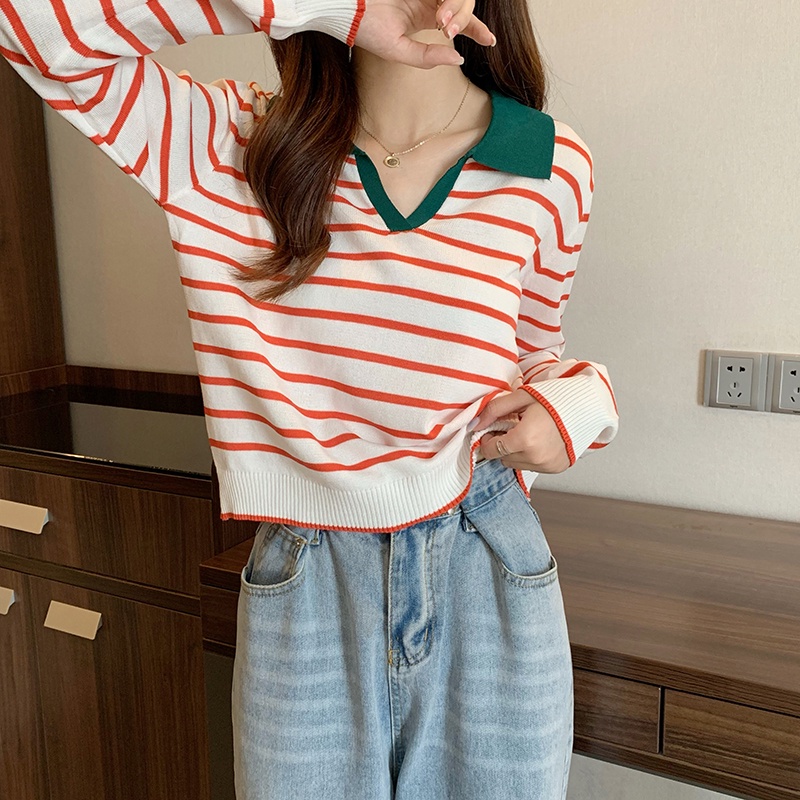 YIU YIU Rajut - Stripe Knit Crop Top Lengan Panjang Wanita Polo Shirt