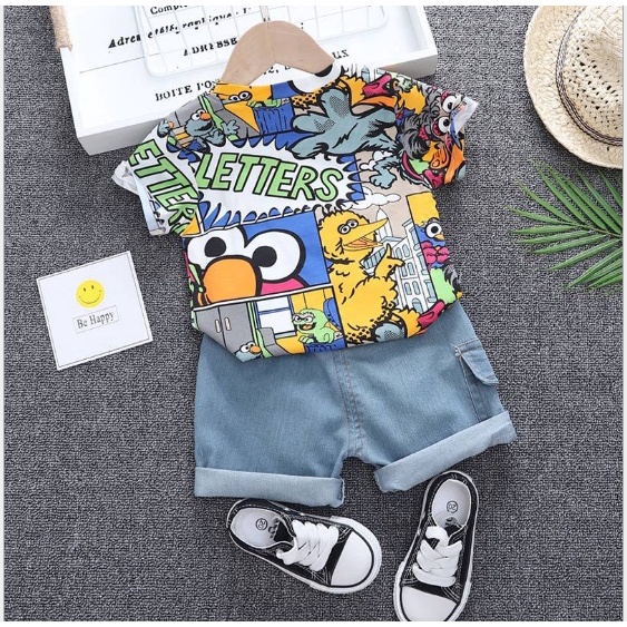 new arrival kaos + celana anak SET ELMO JEANS import Premium