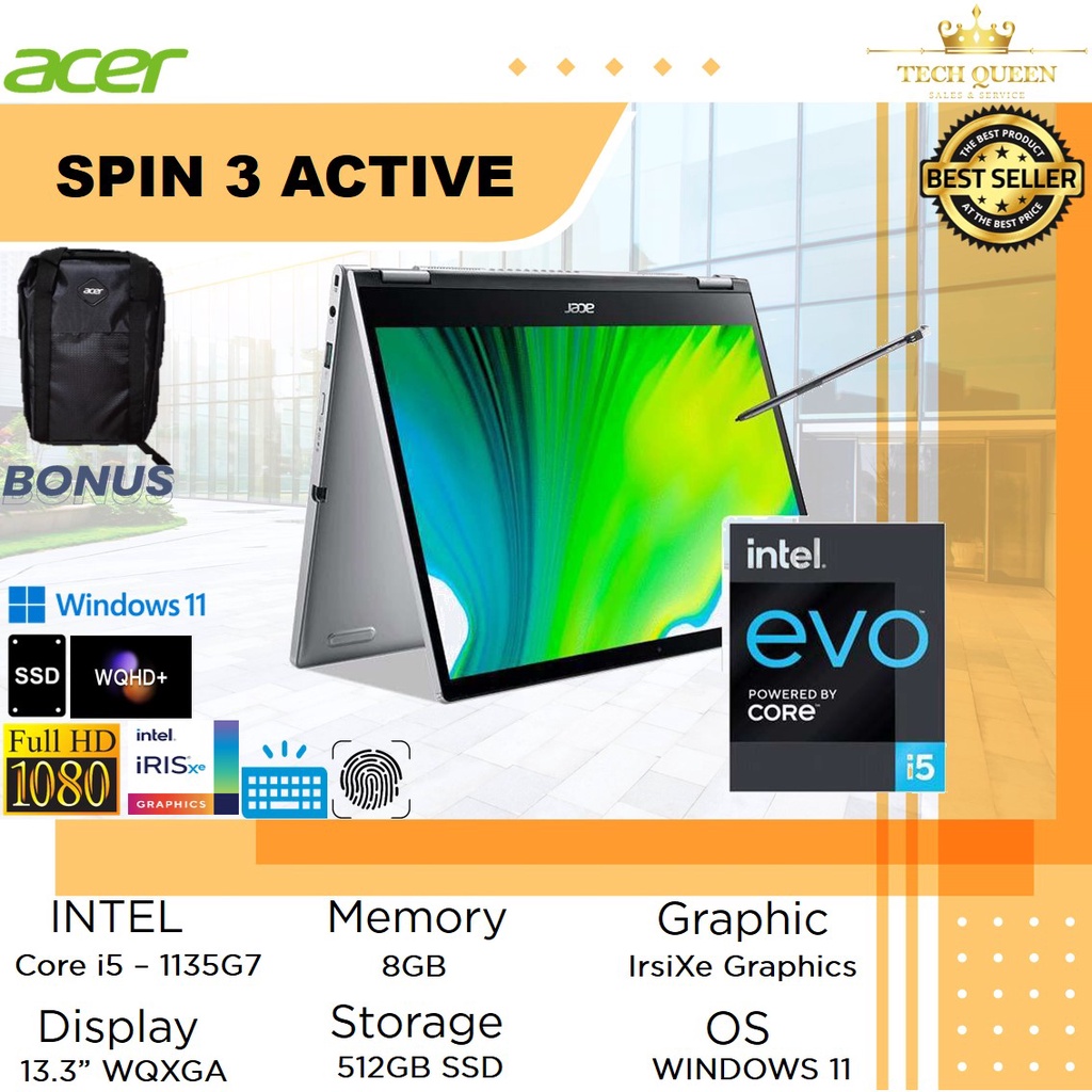 Laptop Acer Spin 3 Active 2in1 Touch Evo - i5 1135G7 8GB 512SSD IrisXe W11+OHS 13.3WQXGA 2K