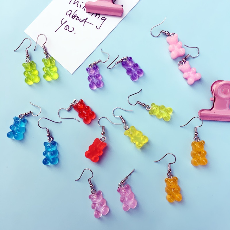 Anting stud Desain Kartun Beruang Gummy bear Warna Permen Transparan Buatan Tangan Gaya Jepang