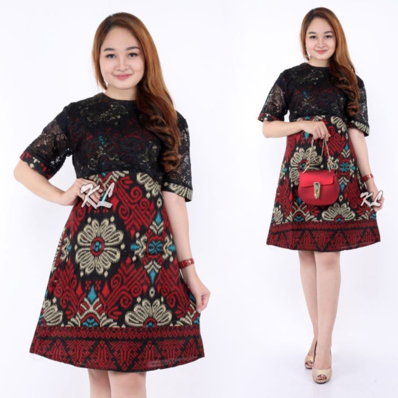 Dress brokat dress batik moderen wanita flare murah grosir lece brokat jumbo dress