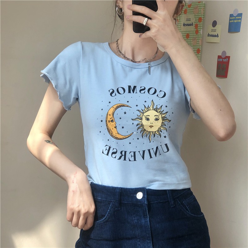 yikoo-Print crop top kaos wanita t-shirt lengan pendek atasan baju wanita