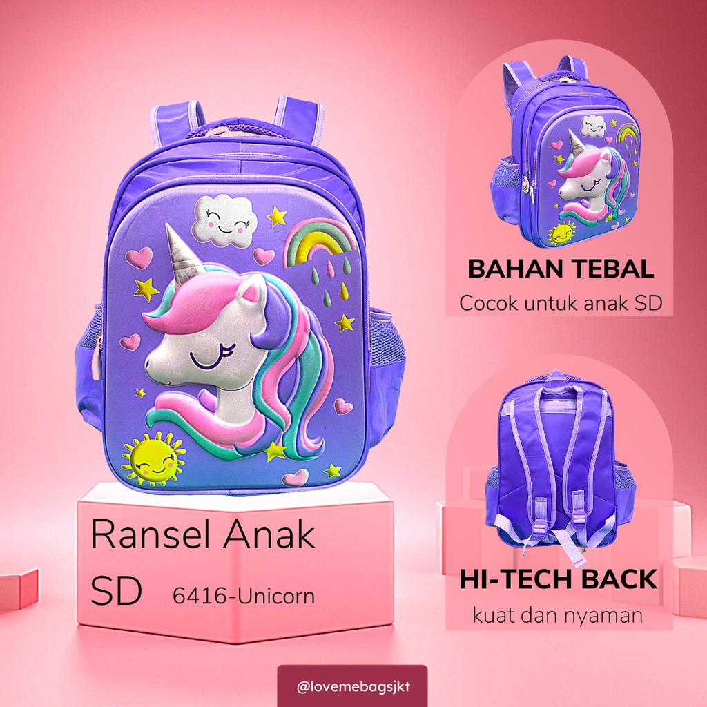 LMB Tas Anak Sekolah Perempuan SD Import Gambar Karakter Unicorn Ukuran Besar Timbul 6D Tebal dan Kuat Viral Bahan Nilon Premium