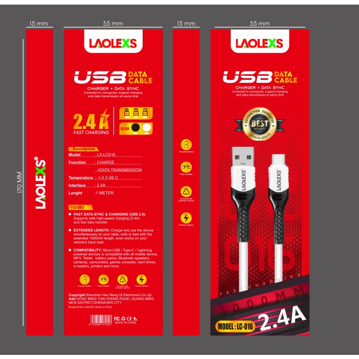 Kabel Data LAOLEXS LX-LC016 V8 Micro/ Type C/ Lightning FastCharging 2.4A (Garansi Resmi 12 Bulan)