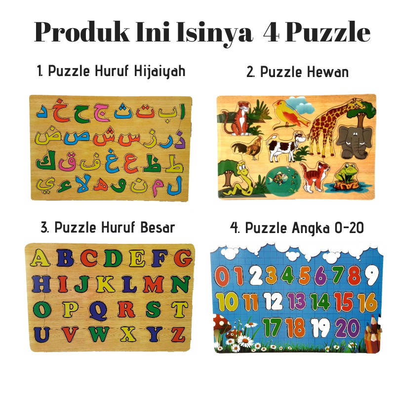 Rapid Toys Isi 4 / Paket Puzzle Kayu Edukasi Kualitas SNI / Hewan Huruf Hijaiyah Besar Dan Angka