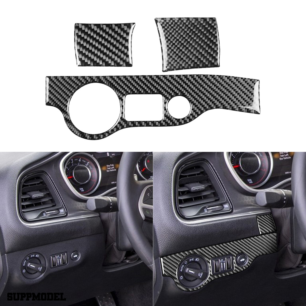 Smodel 3pcs / Set Cover Panel Saklar Lampu Depan Kiri / Kanan Bahan Carbon Fiber Untuk Dodge Challenger 2015-up