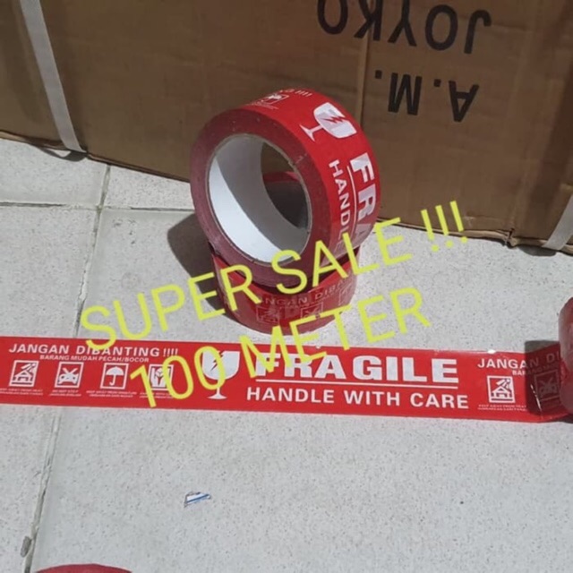 SALE !! LAKBAN FRAGILE MERAH SUPER SALE 2 INCH 48 MM 100 METER GROSIR