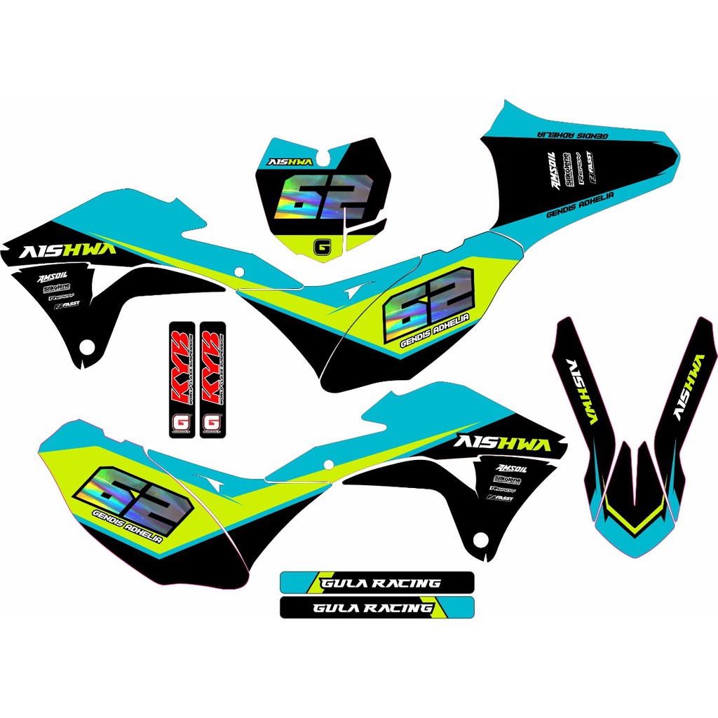 sticker decal KLX Gordon desain simpel warna tosca kuning hitam bebas custom nama dan nomor