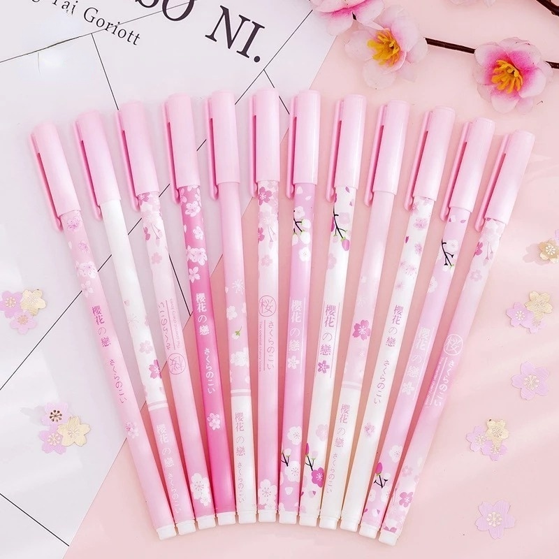 Pulpen Gel 0.5mm Tinta Biru Dapat Dihapus Motif Bunga Sakura Warna Pink Untuk Stationery Sekolah / Kantor