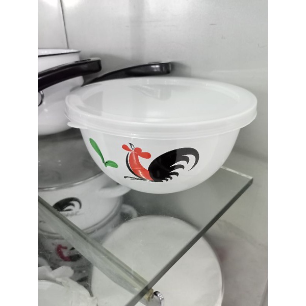 Mangkok enamel Kukuruyuk ayam jago tutup plastik 14cm