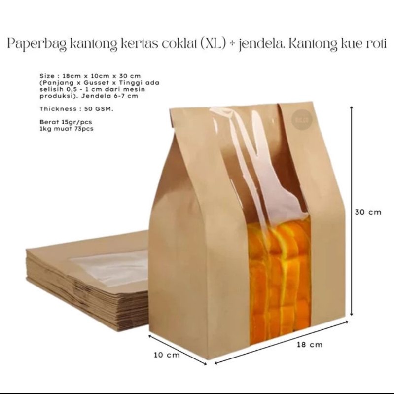 

PB 100pcs PaperBag Flat Window Brown (XL) 18x10x30cm Kantung Kertas Roti