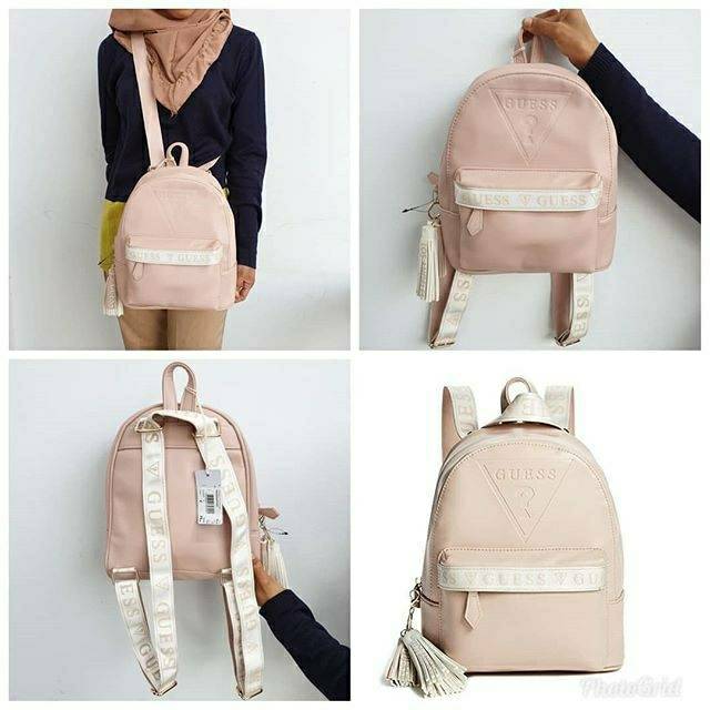 (WODB) Tas gesabel beige black pink floral ransel backpack