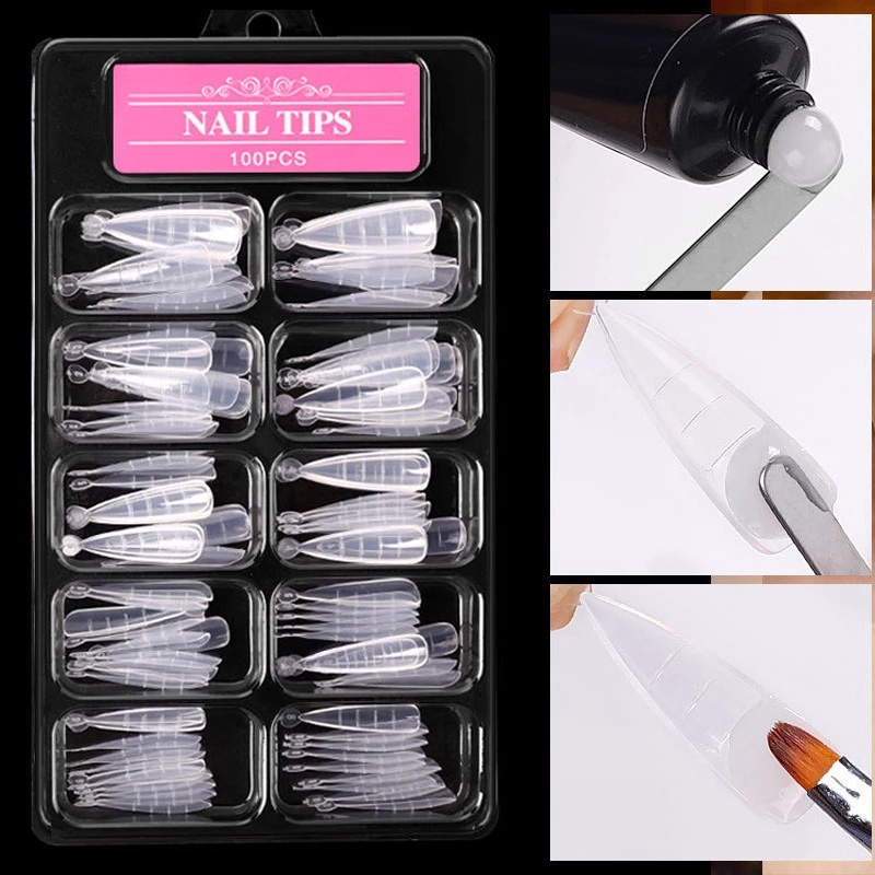 (100 / 20pcs) Kuku Palsu Akrilik Transparan 12 Ukuran Berbeda Untuk Nail Art Diy