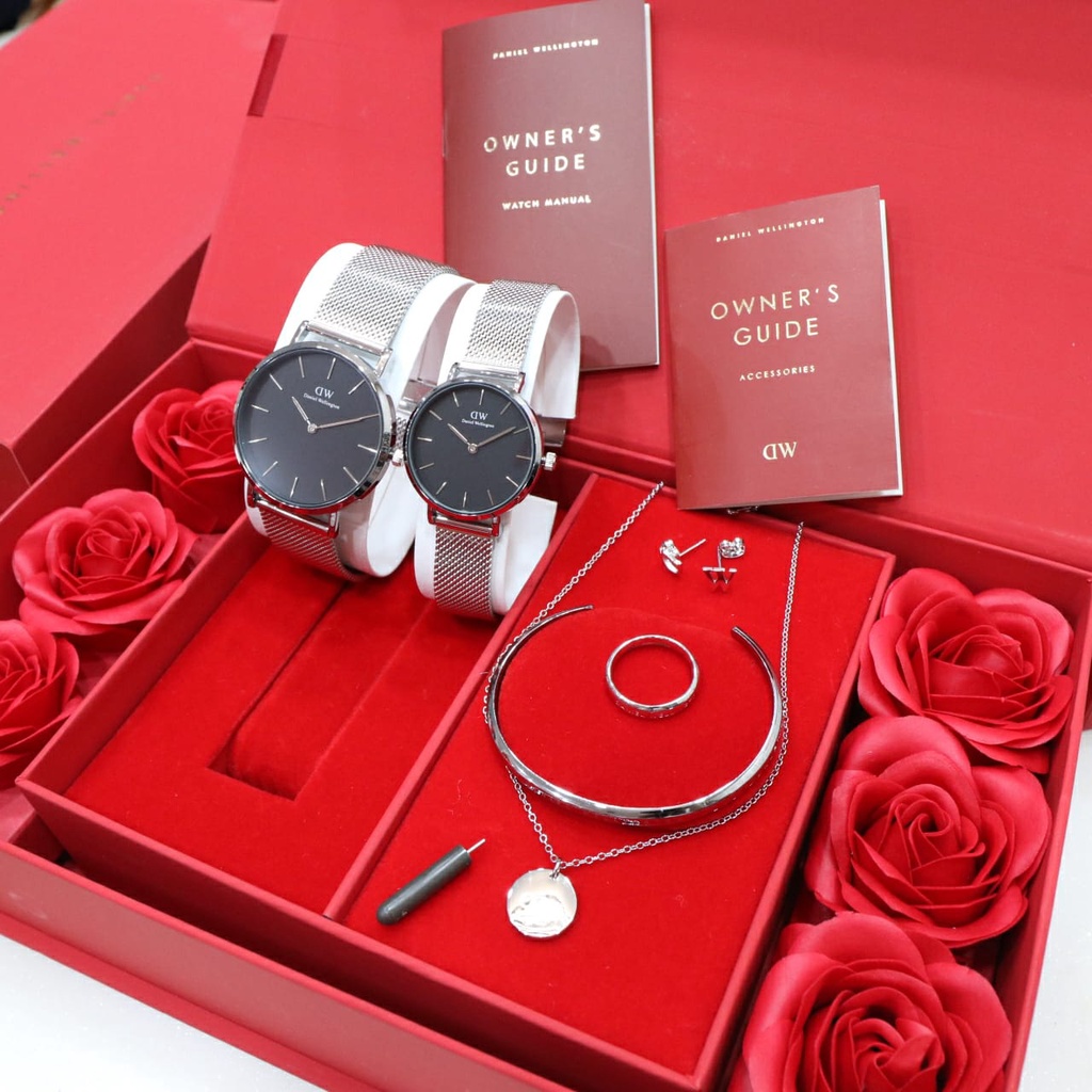 Jam Tangan Couple D51907W Tali Rantai Pasir Set Acc (Kalung, Cincin, Anting, Gelang) Box Merah &amp; Paperbag