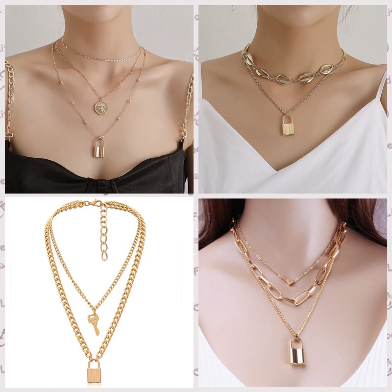 Korea Selatan Kalung Multilayer Retro Jantung Bentuk Kunci Liontin Kalung Emas Rantai Sweater Kalung gembok Aksesoris Wanita kalung aesthetic necklace