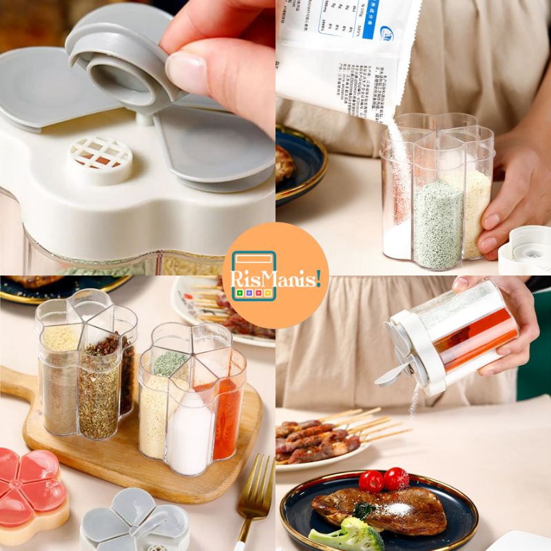 5 IN 1 SEASONING JAR - Toples Tempat Bumbu 5 Sekat Tutup Bentuk Kembang Botol Dapur Penutup Model Bunga Penyekat Organizer Garam Gula Lada