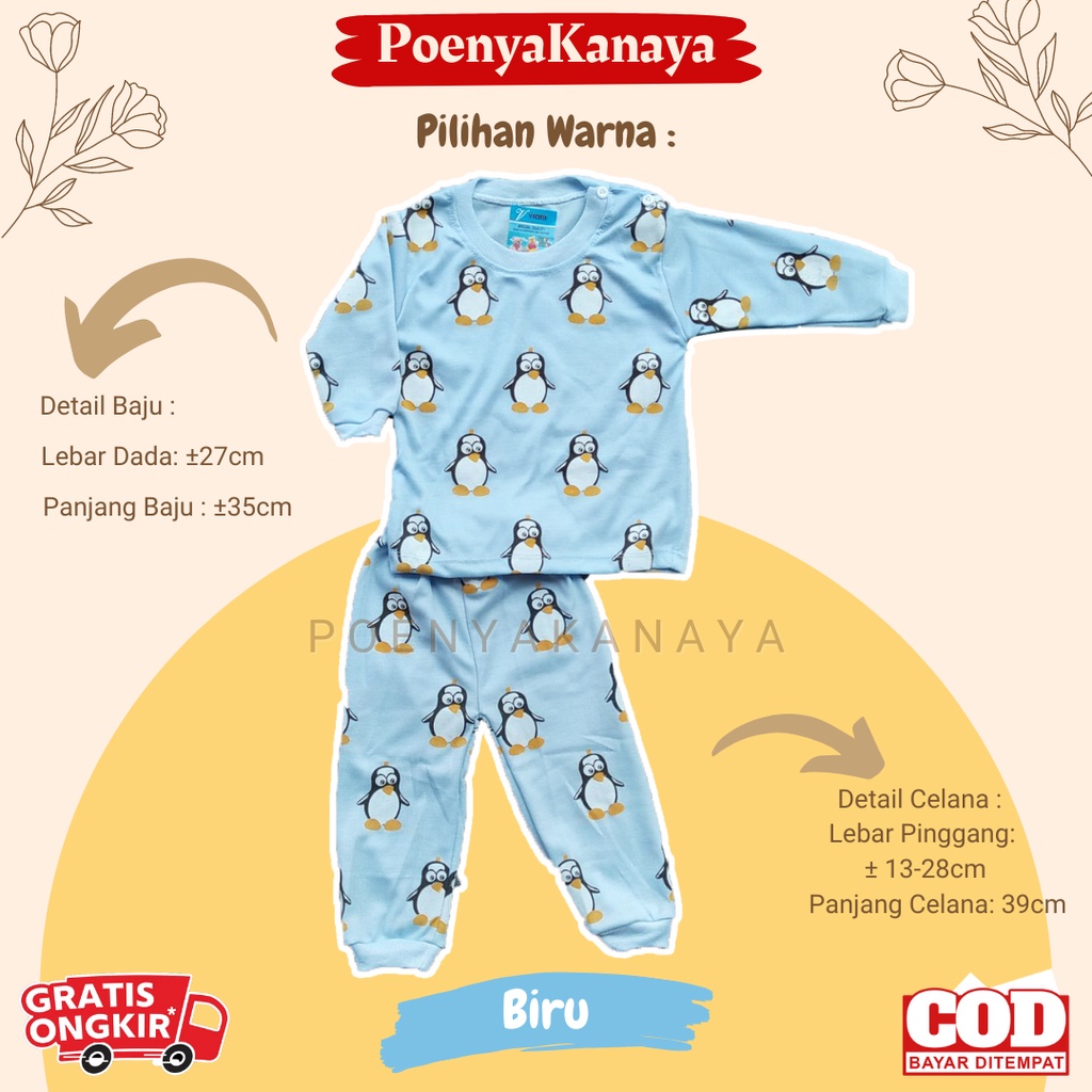 Setelan Baju Bayi Piyama Bayi Panjang Dasar Warna Full Print Pinguin Viori 3-12 Bulan SPY140