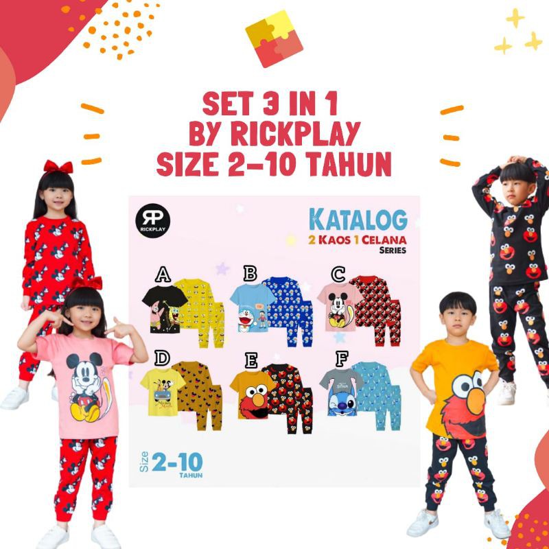 Setelan Anak Series Rickplay 2 Kaos 1 Celana Baju Tidur Piyama Anak Laki Perempuan