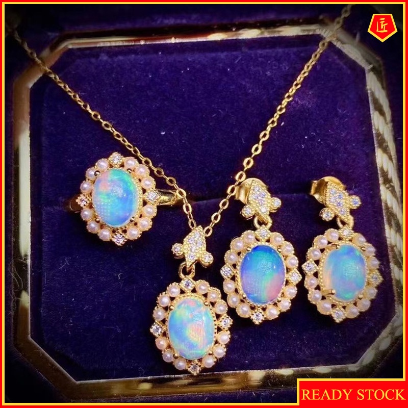 [Ready Stock]Natural Opal Ring Luxury Colored Gems Necklace and Earring Suit