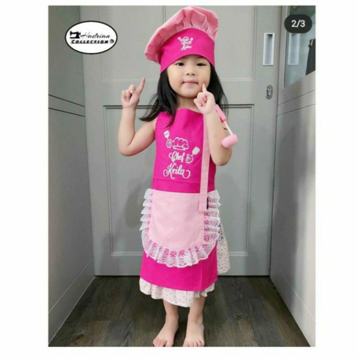 Celemek Topi Koki Anak dan Dewasa Model Kantong Renda | Celemek anak Custom nama | Celemek Masak Anak | Apron Anak | Celemek Anak Murah Best Quality Premium ( BISA CUSTOM BORDIR NAMA )