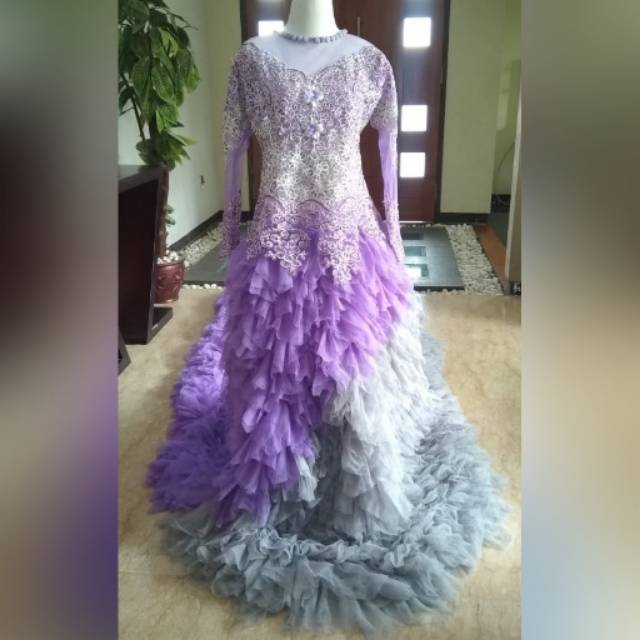kebaya modern  pengantin baju pesta pernikahan wanita gaun barbie princess gown pra wed ungu