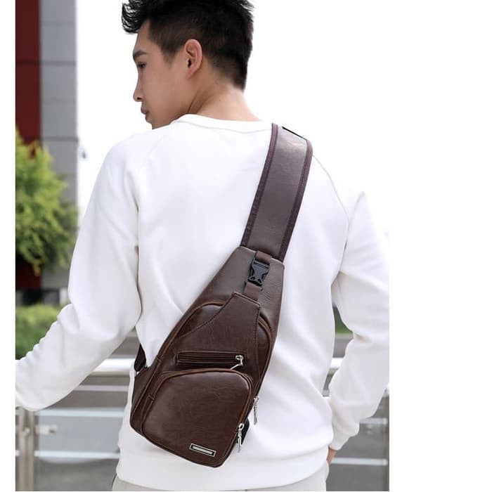 Civeto TS95 Tas Selempang usb Pria Sling Bag Kulit PU USB Port