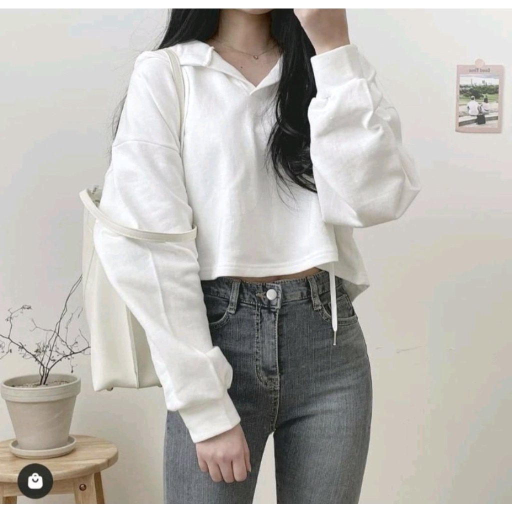 SWEATER CROOPE HOODIE POLOS OVERSIZE WANITA BAHAN FLECEE