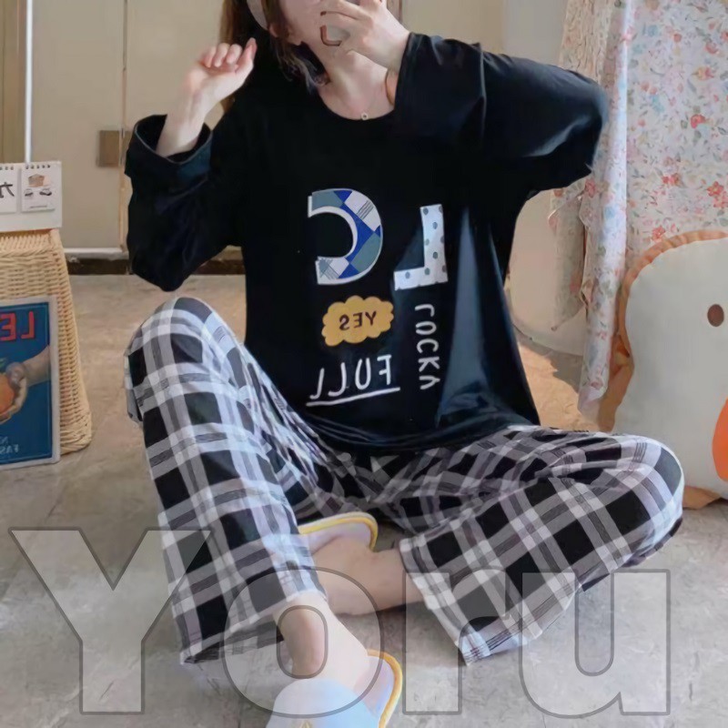 Pamelo PP786 Stelan baju tidur Import Baju Tidur Wanita Panjang PP Import Spandek PP10 PPJ-PP10 Alphbt LC hitam