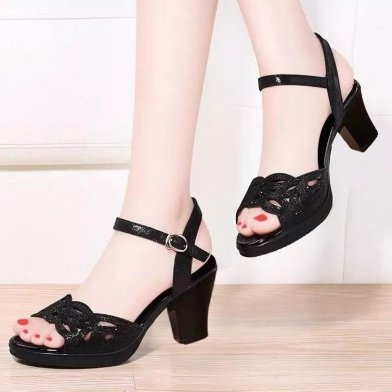 sandal heels wanita gliter bunga