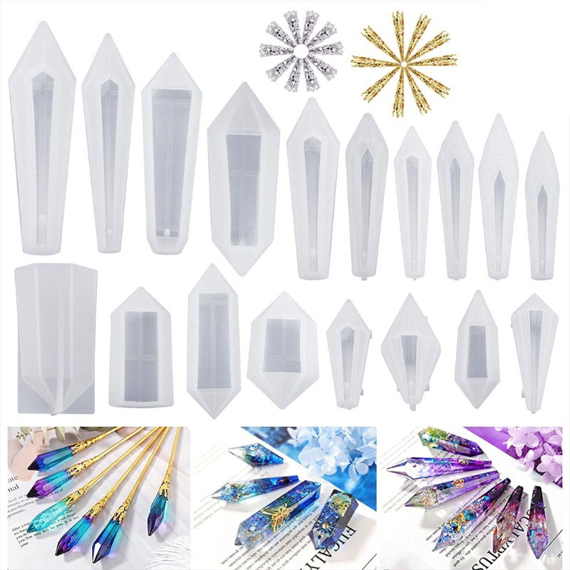 Glitter 18Pcs Resin Pendulum Molds Silicone Quartz Crystal Molds with 20cs Metal Bead Caps Epoxy UV Resin Molds Jewelry Tools