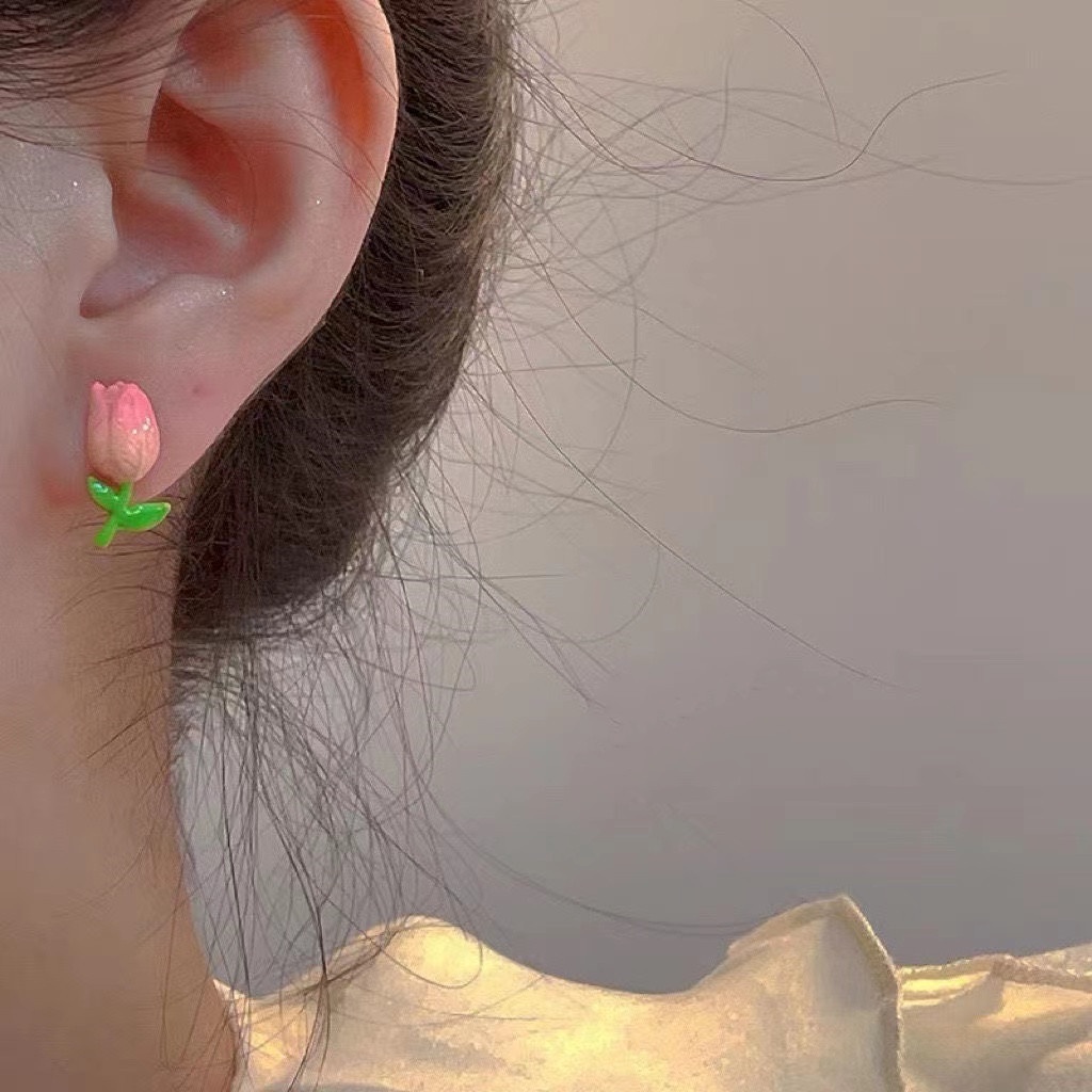 YEEZII Anting Stud Bentuk Daun Tulip Warna Pink Untuk Wanita