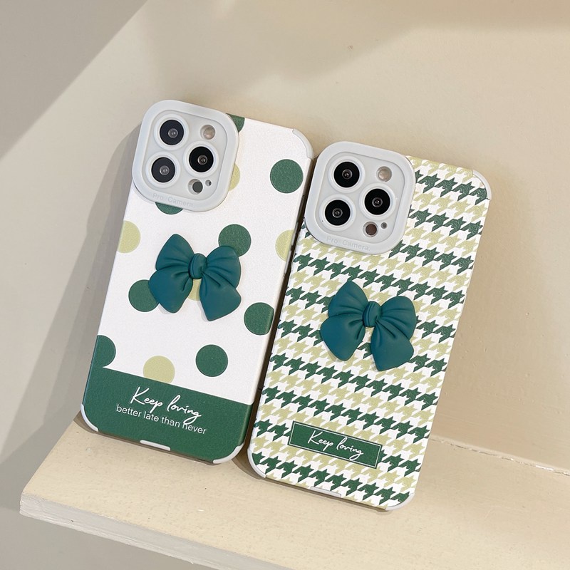 Dark Green Bow-knot Houndstooth Dots Case Hp OPPO A3S A31 F11 A5 A9 A53 A33 F9 A7 A5S A12 A11K A52 A92 A72 K3 K5 C1 Reno 3 2F 5 6 7 Pro A83 Realme XT VIVO Y93 Y91C Y50 Y20 Y12S Y11 Y12 Y15 Y17 Y30 Y30i Xiaomi Redmi Note 8 Pro 9T Women's Casing