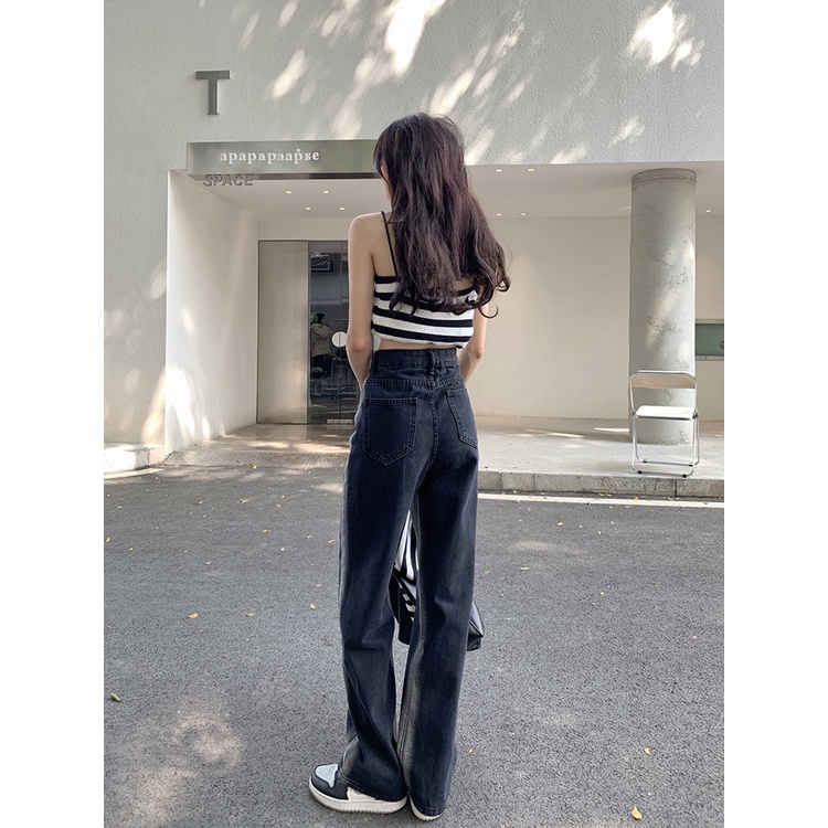 Celana Jeans Gaya Korea Hitam Blok Warna Jeans Lurus Wanita Musim Panas Menggantungkan Pinggang Ting