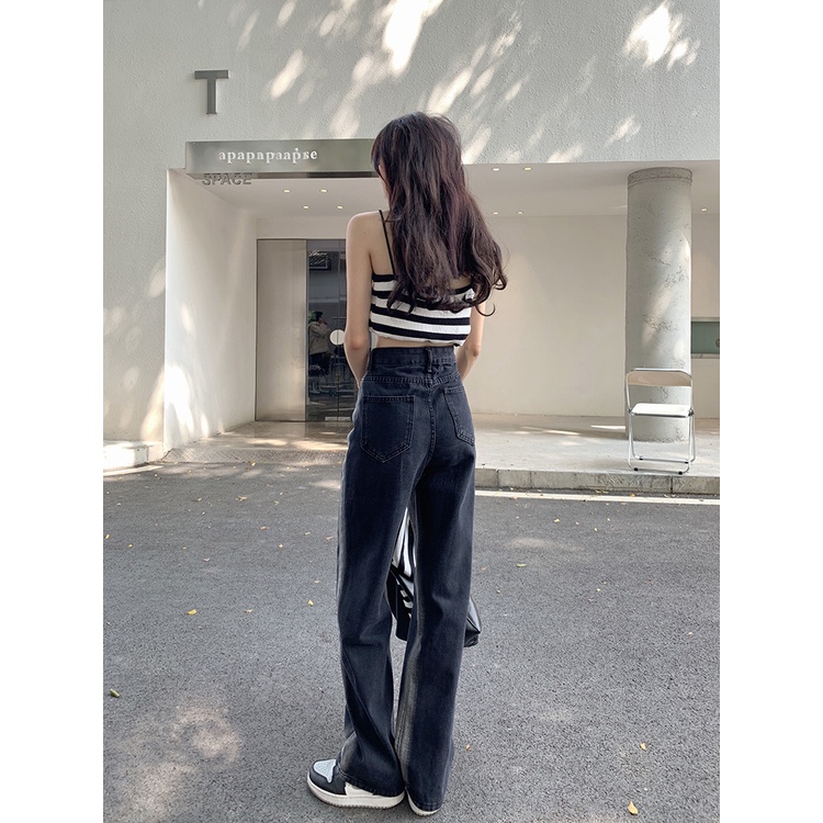 Celana Jeans Gaya Korea Hitam Blok Warna Jeans Lurus Wanita Musim Panas Menggantungkan Pinggang Ting