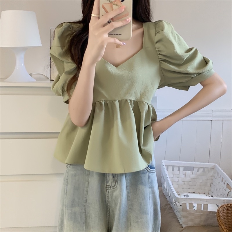 ATASAN IMPORT WANITA PUFF SLEEVE BAJU BLOUSE LENGAN BABY DOLL PENDEK CEWEK MX205