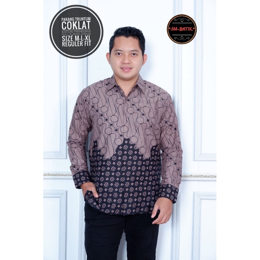 PARANG TRUNTUM COKLAT  Kemeja Batik Pria Lapis Furing PREMIUM Lengan Panjang Batik Solo Asli WARNA COKLAT GELAP