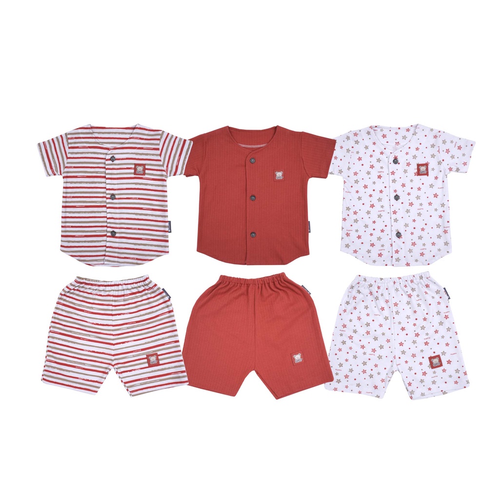 MOTIF BARU SETELAN PIYAMA ANAK FLUFFY STAR MERAH BAJU PENDEK BAJU PANJANG CELANA PENDEK CELANA PANJANG SETELAN KUTUNG 3PCS