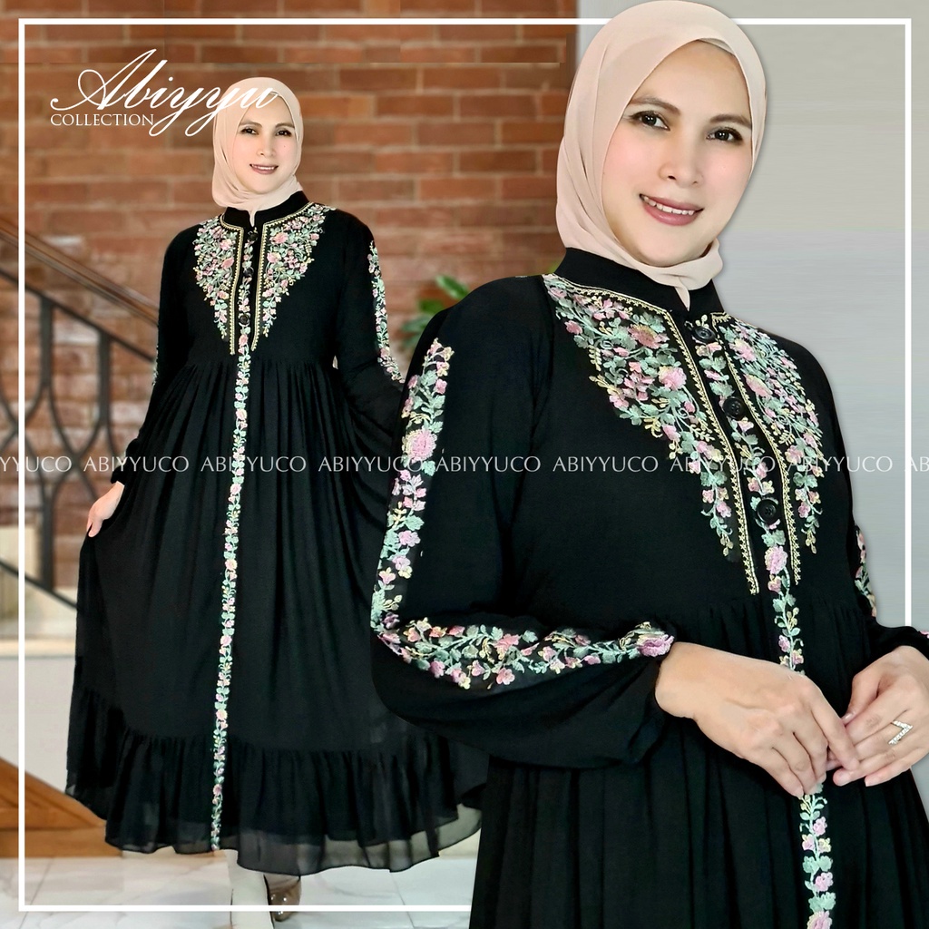 Abiyyuco TA9015 | Dress/Gamis Ceruty Babydoll Busui Hitam, Putih, dan Warna dengan Bordir Cantik