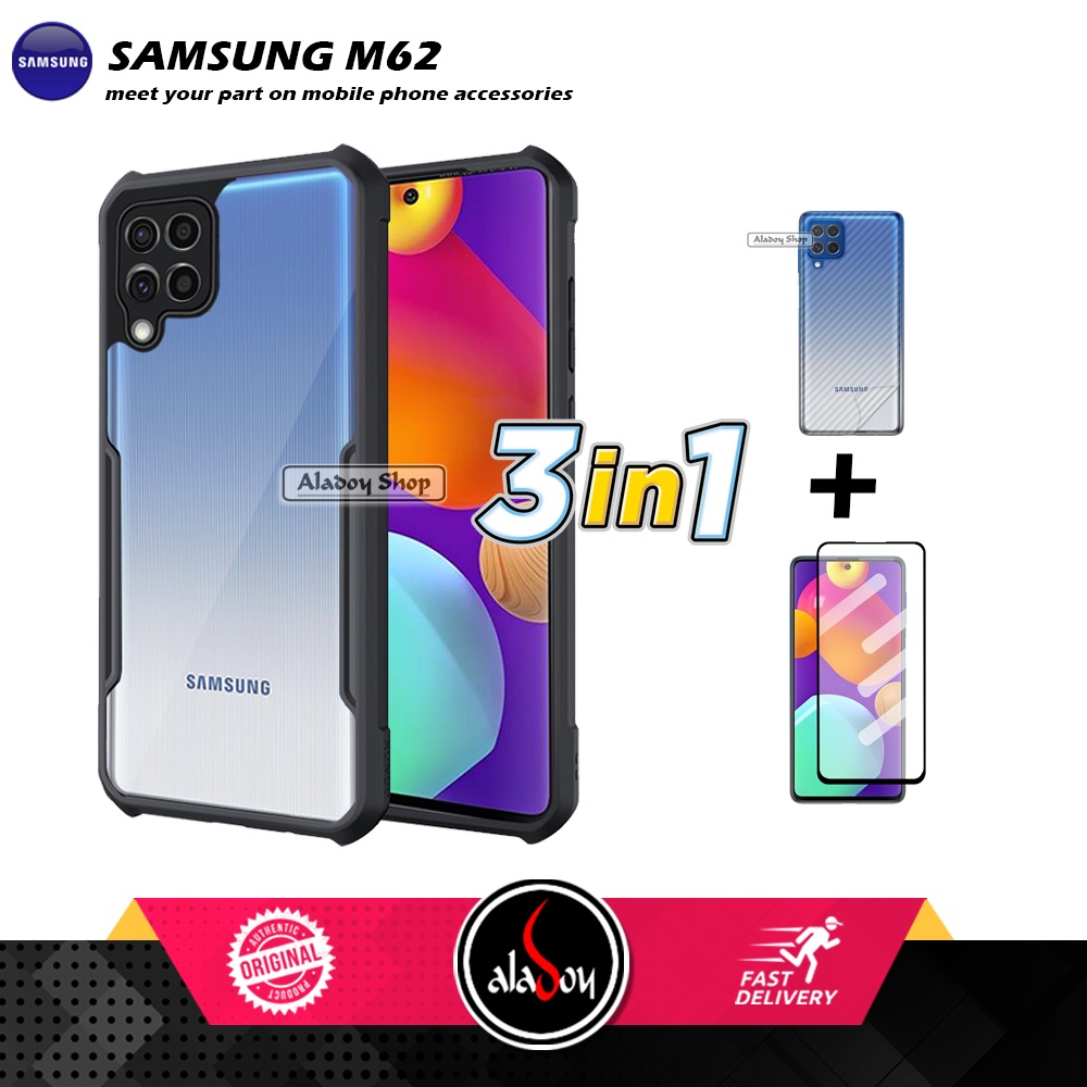 Case SAMSUNG M62 Armor Fushion Transparent Casing + Tempered Glass Full Layar dan Skin Carbon