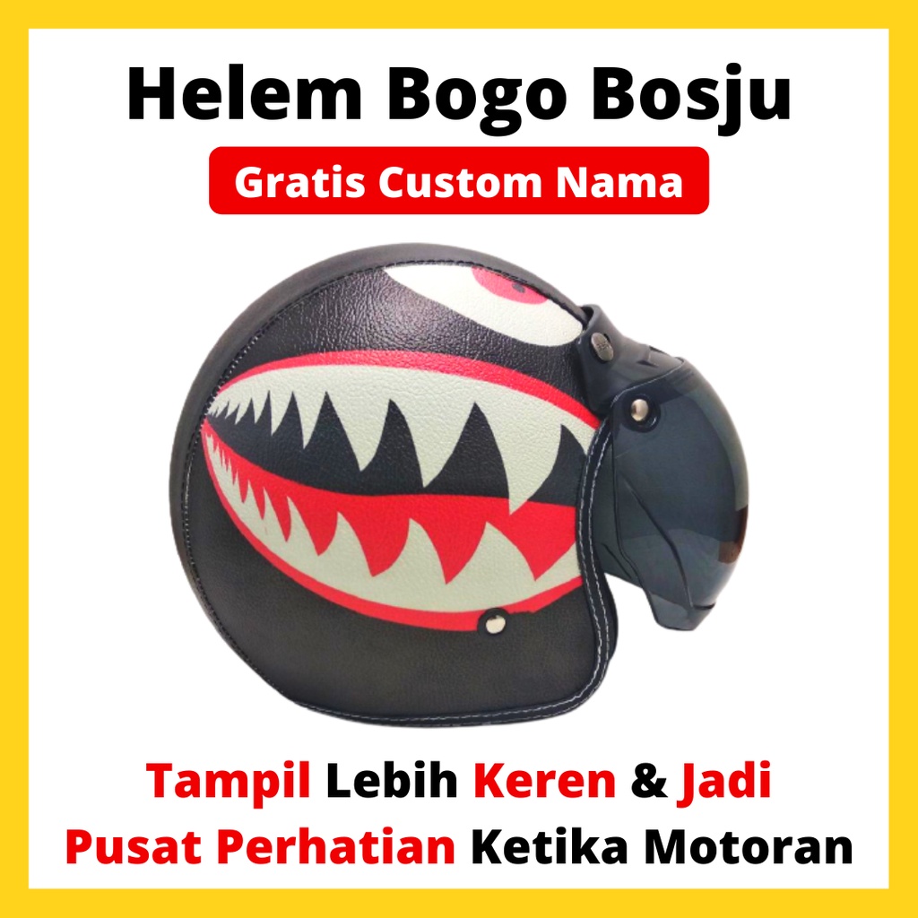 HELM BOGO RETRO KULIT WANITA DEWASA KACA DATAR CLASSIC MOTIF IKAN HIU HITAM MERAH - HELEM BOGO BOSJU