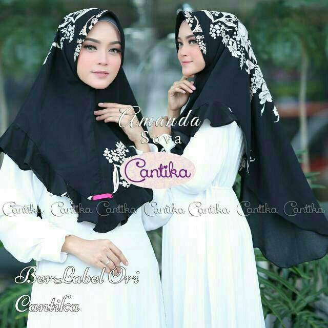 KHIMAR HITAM BUNGA JILBAB CANTIKA KERUDUNG BLACK SYARI PINGUIN HIJAB INSTAN BUBBLEPOP MOTIF